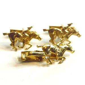 Vintage Harvey Avedon Horse Jockey Cufflinks & Tie Clip Set Gold Tone 1950s